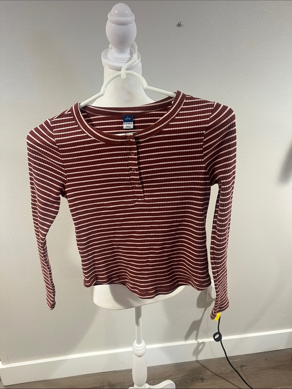 Old Navy Burgundy and White Striped Long-Sleeve Henley Tee